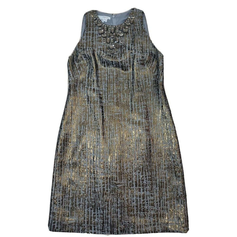 Maggy London ~Woman Size 2~ Gray/Gold Shift Sleeveless Dress Lined, Embellished.